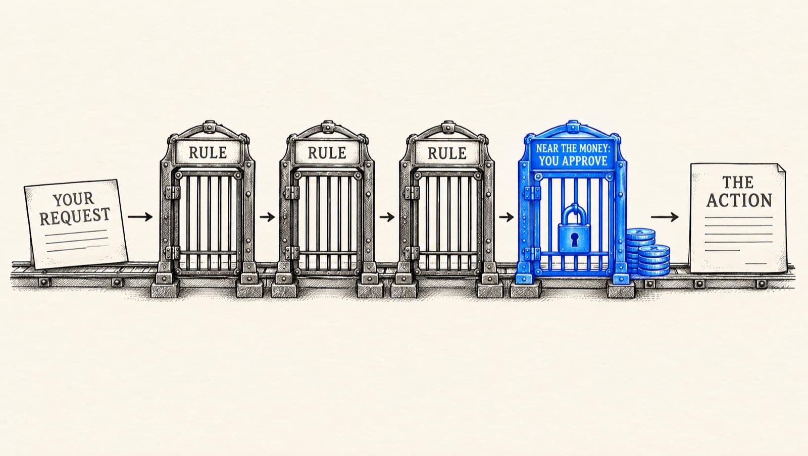 A pen-and-ink diagram: a request goes in on the left, passes through a row of fixed rule gates, and comes out as one approved action on the right; one gate near a coin symbol is drawn in blue and marked with a lock