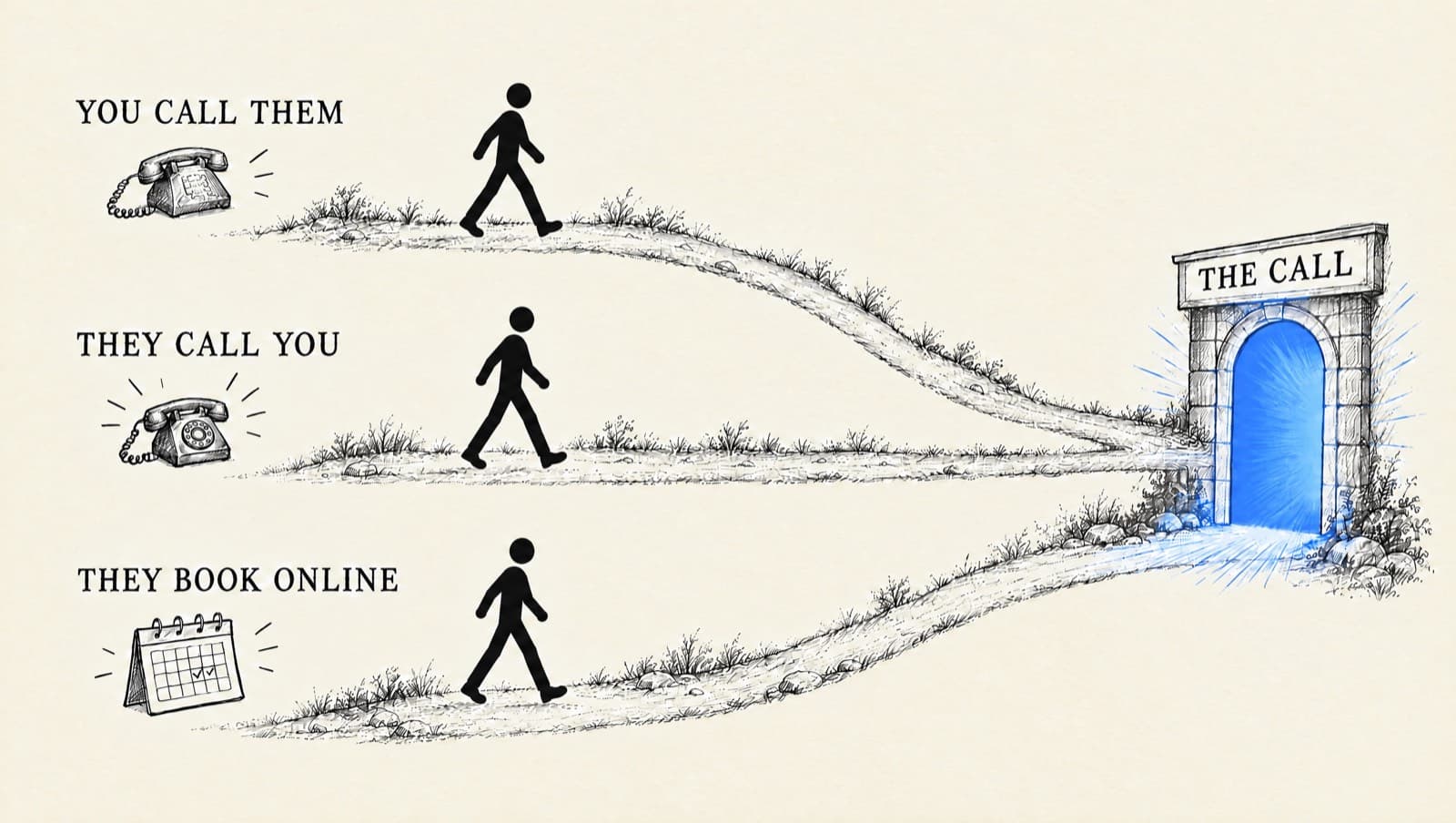 Three pen-and-ink paths labeled you call them, they call you and they book online, each with a lead walking it, converging on one glowing blue doorway labeled the call