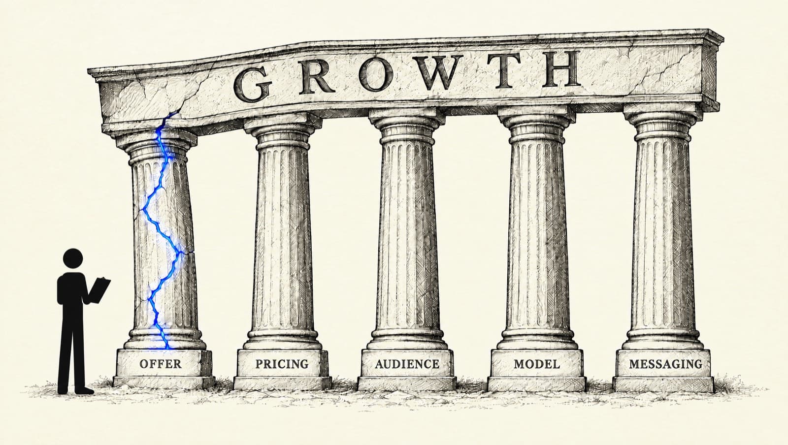 A pen-and-ink stone structure with five columns labeled offer, pricing, audience, model and messaging holding up a lintel engraved growth; the offer column has a glowing blue crack and a silhouetted engineer is inspecting it