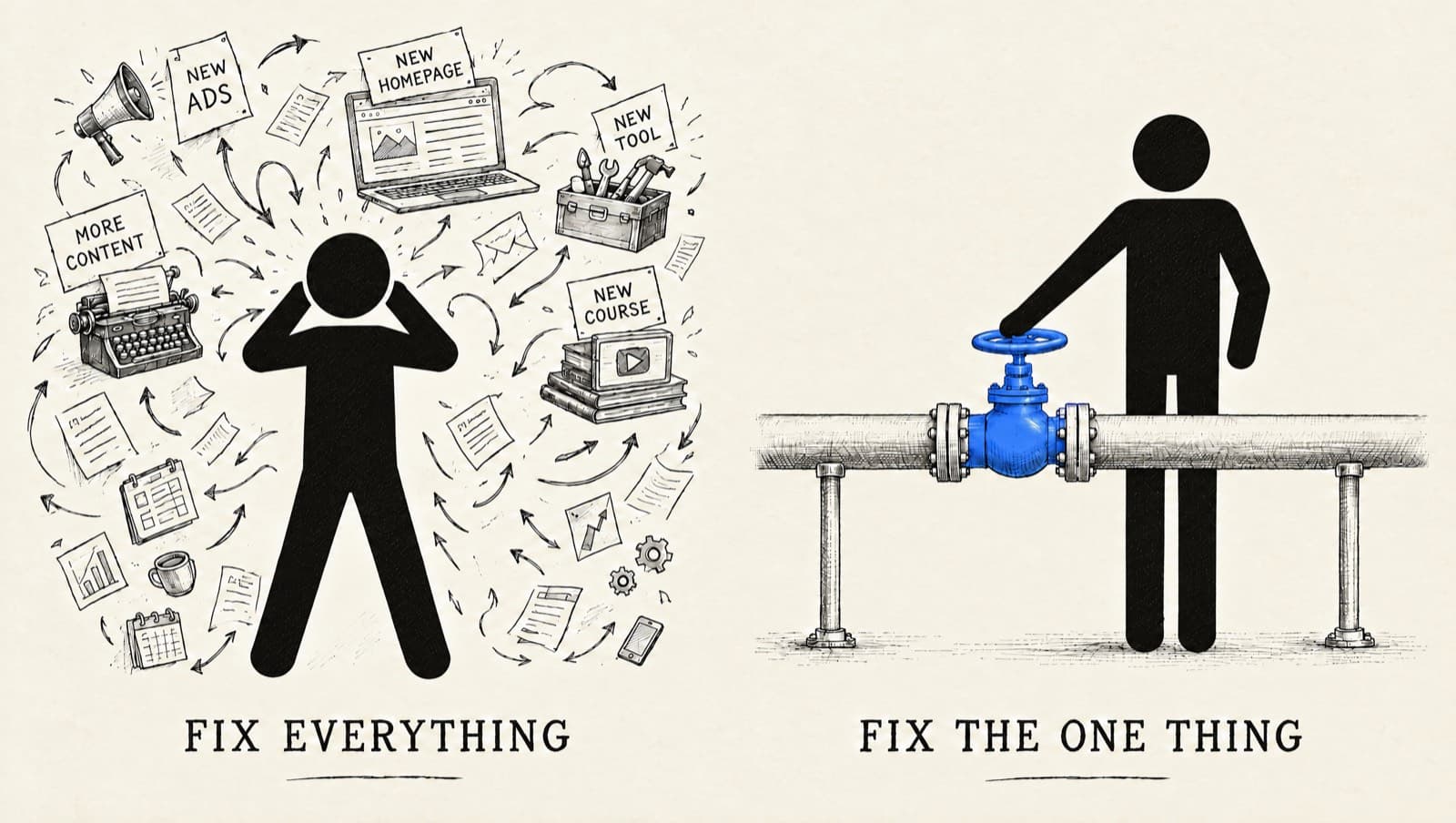Two pen-and-ink scenes: on the left a silhouetted owner buried in new ads, a new homepage, a new tool, more content and a new course; on the right the same silhouette calmly turning one blue valve on a clean pipe