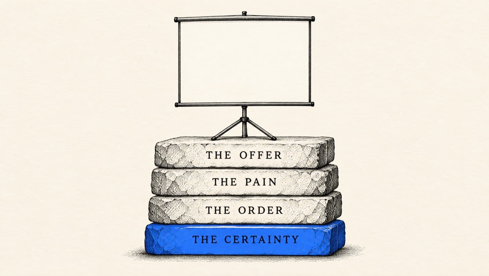 A pen-and-ink stack of four layers labeled the offer, the pain, the order and the certainty, holding up a presentation screen, with the certainty layer in blue