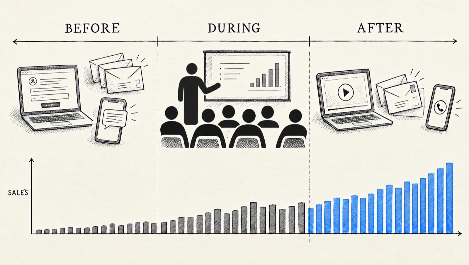A pen-and-ink timeline split into before, during and after, with silhouettes of a presenter and audience, and a sales bar chart whose bars after the event are blue