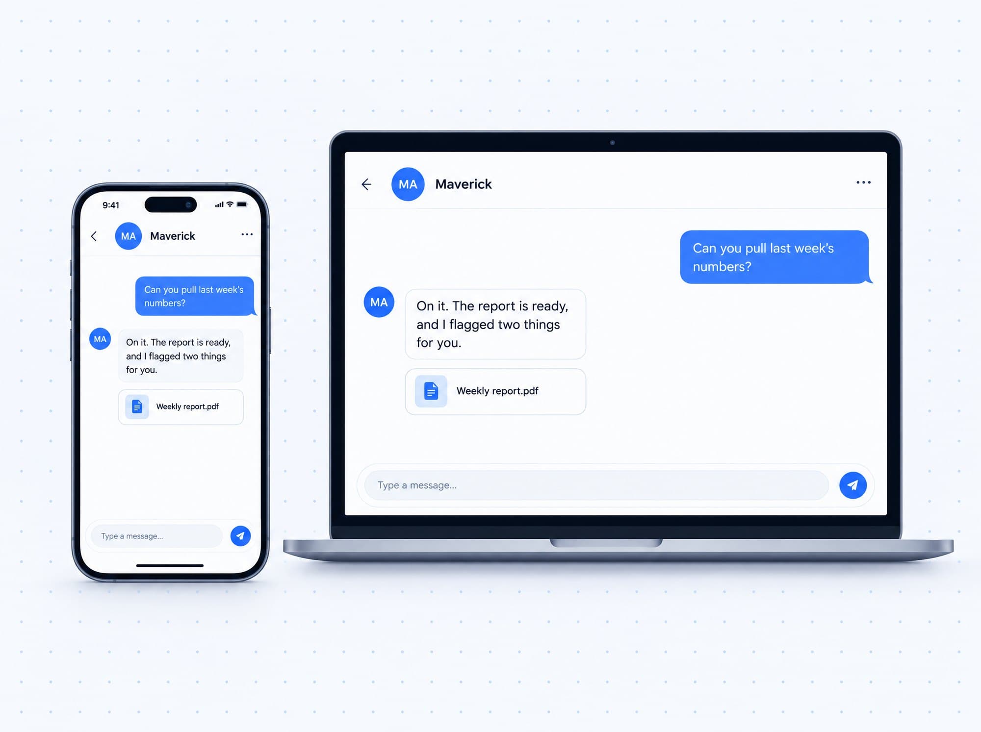 A phone and a laptop showing the same chat with an AI worker named Maverick, who has finished a weekly report