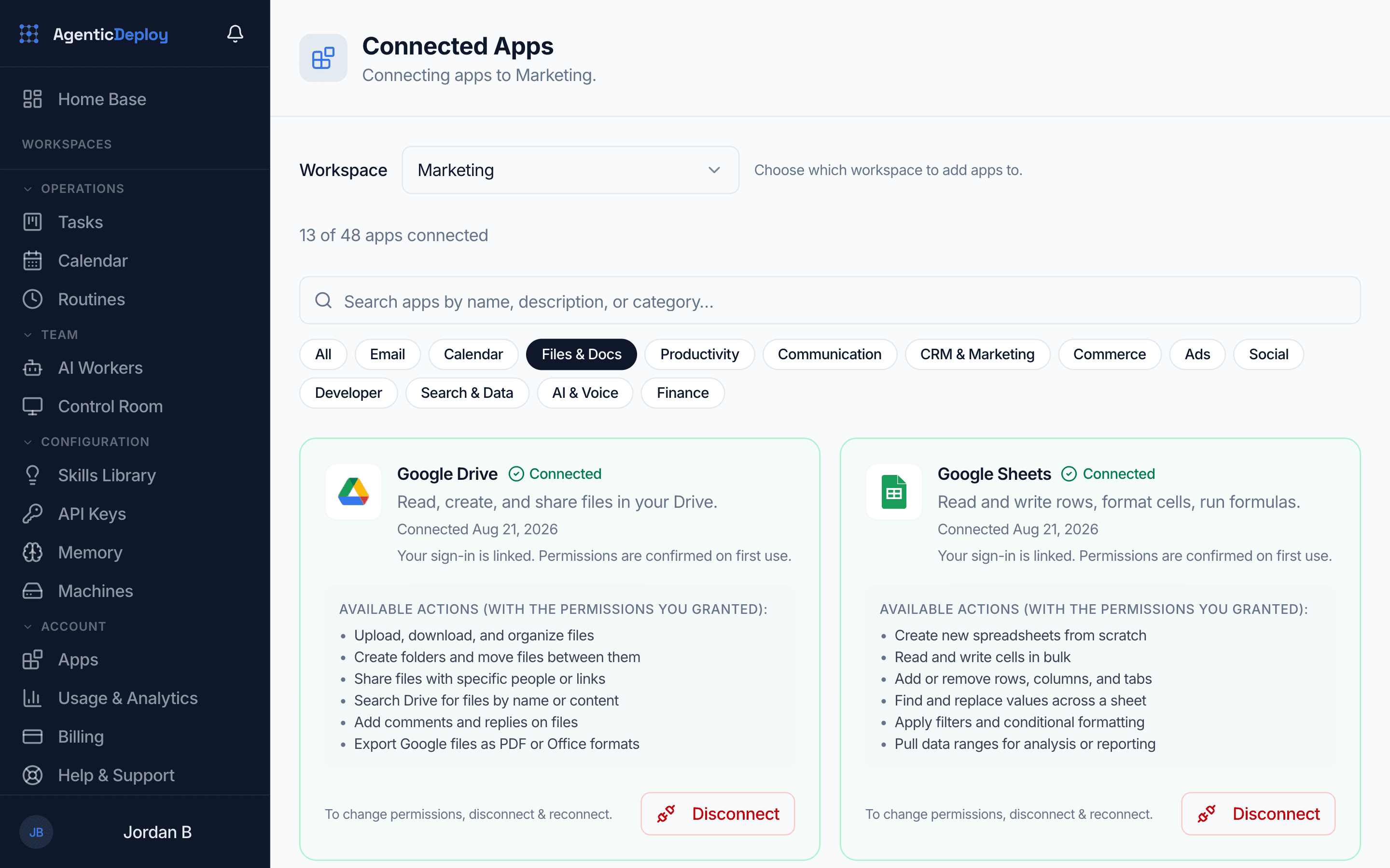 The Connected Apps page: 13 of 48 apps connected, with Google Drive and Google Sheets connected and the actions each one is allowed to take