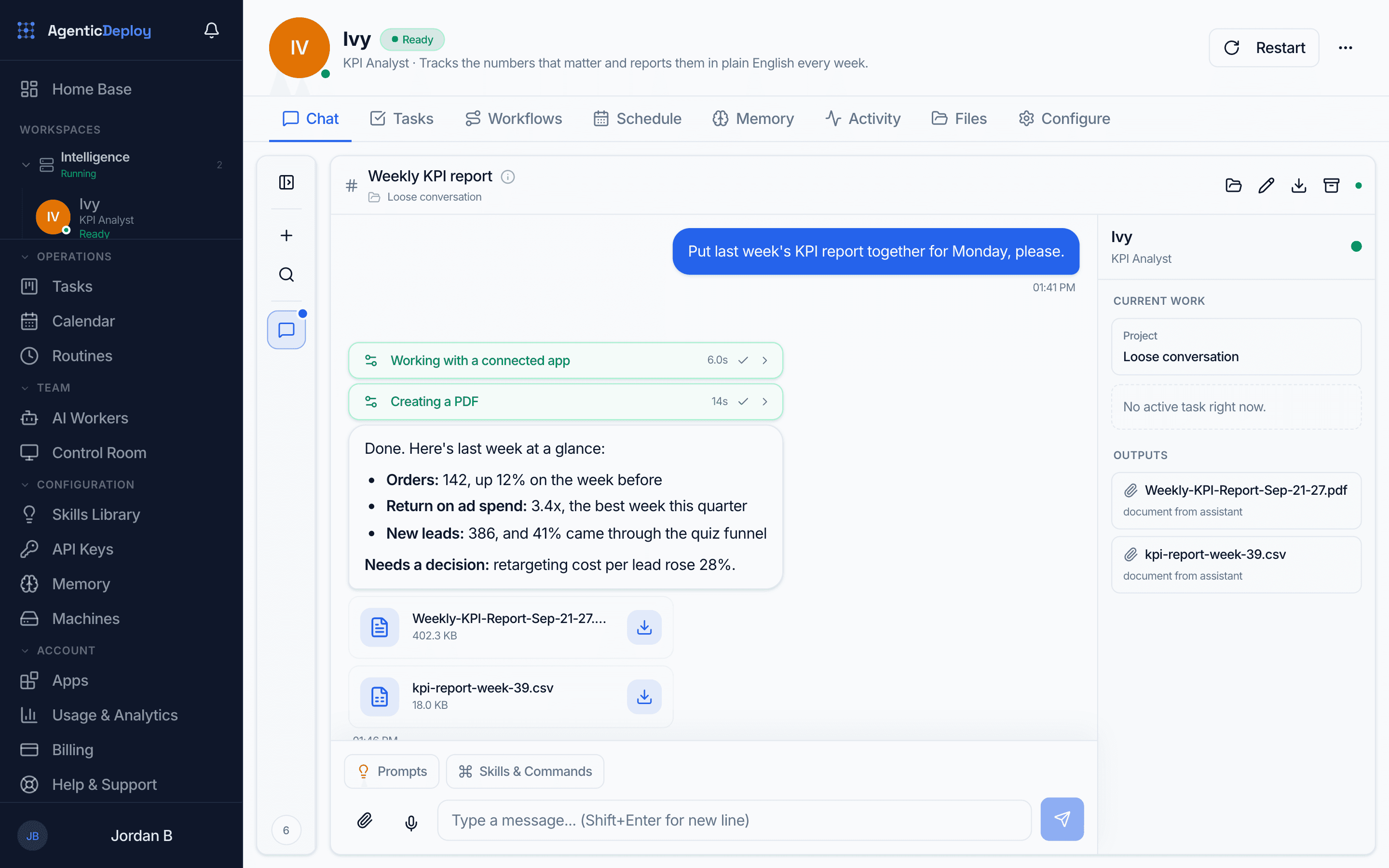 An AI worker named Ivy takes a request for the weekly KPI report, shows each step, sums up the week, flags a decision, and hands back a PDF and a spreadsheet
