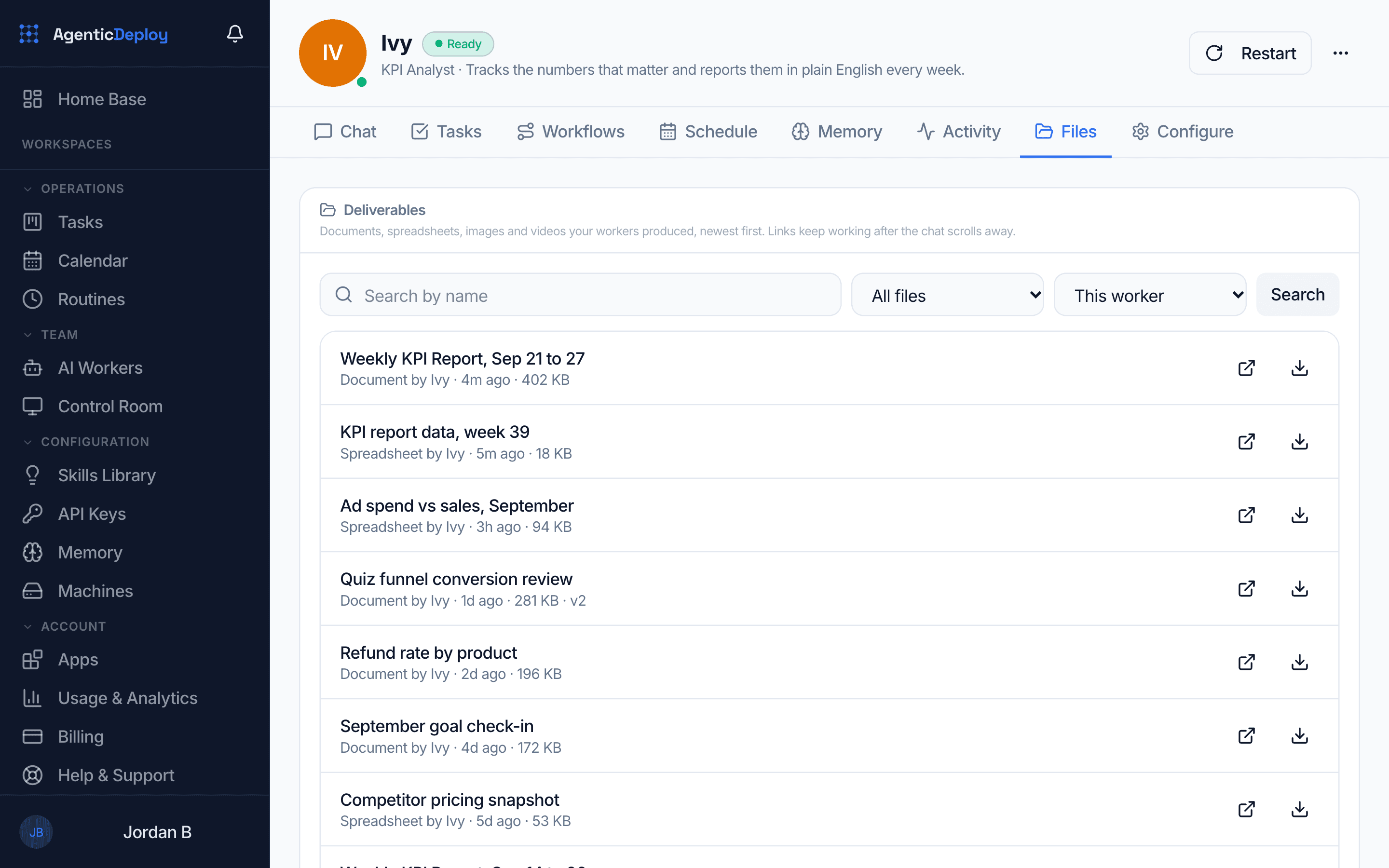 A worker's Files tab listing the reports and spreadsheets it produced, newest first, each ready to open or download