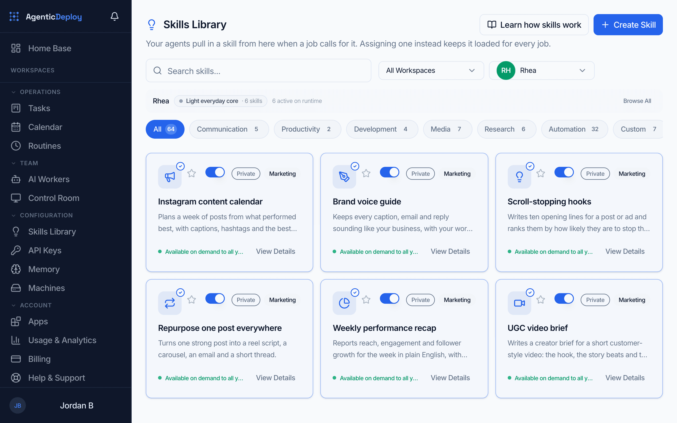 The Skills Library filtered to one worker, Rhea, showing six marketing skills such as an Instagram content calendar and a brand voice guide