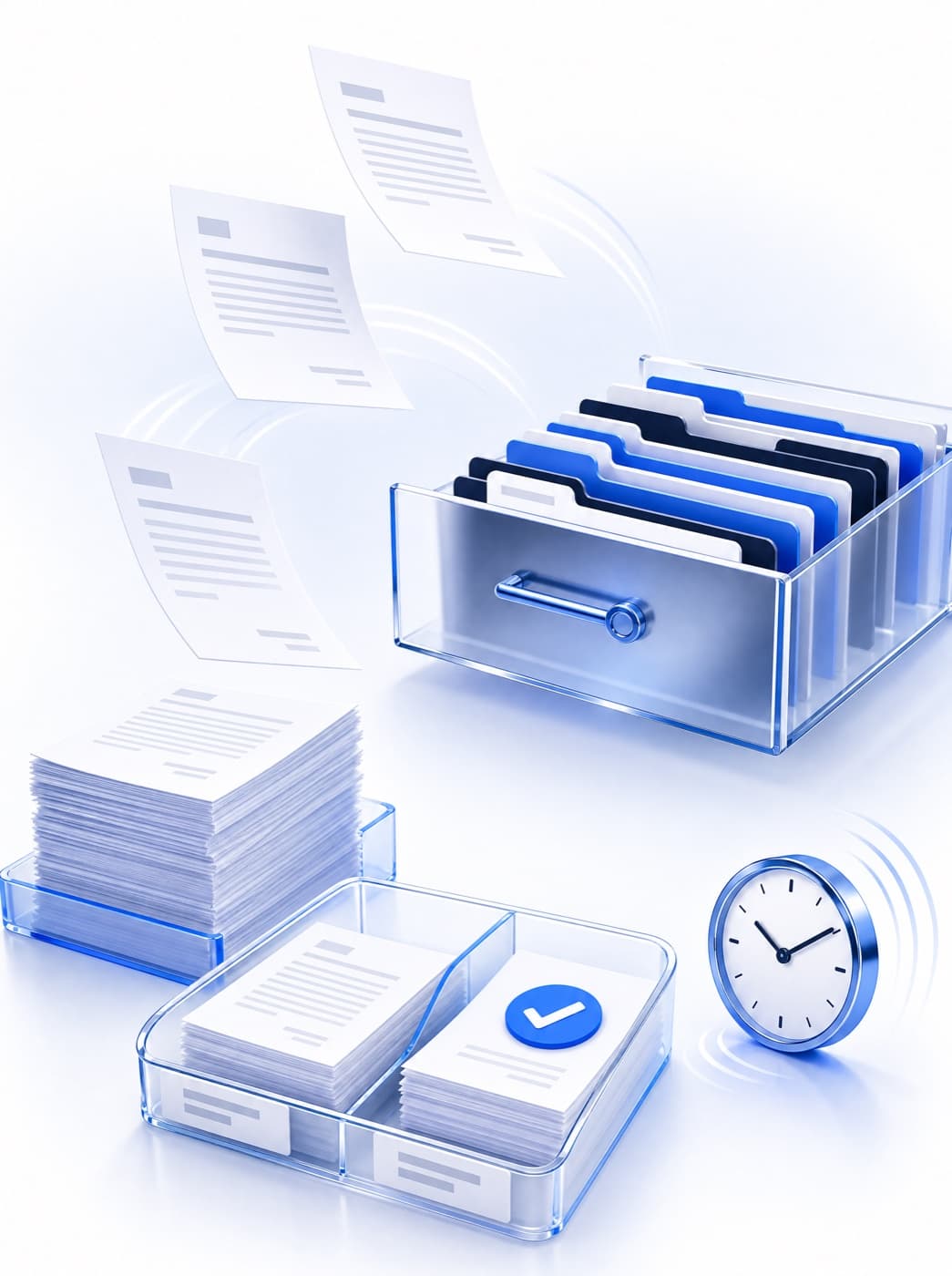 Documents filing themselves into labeled folders, a sorted inbox tray, and a clock