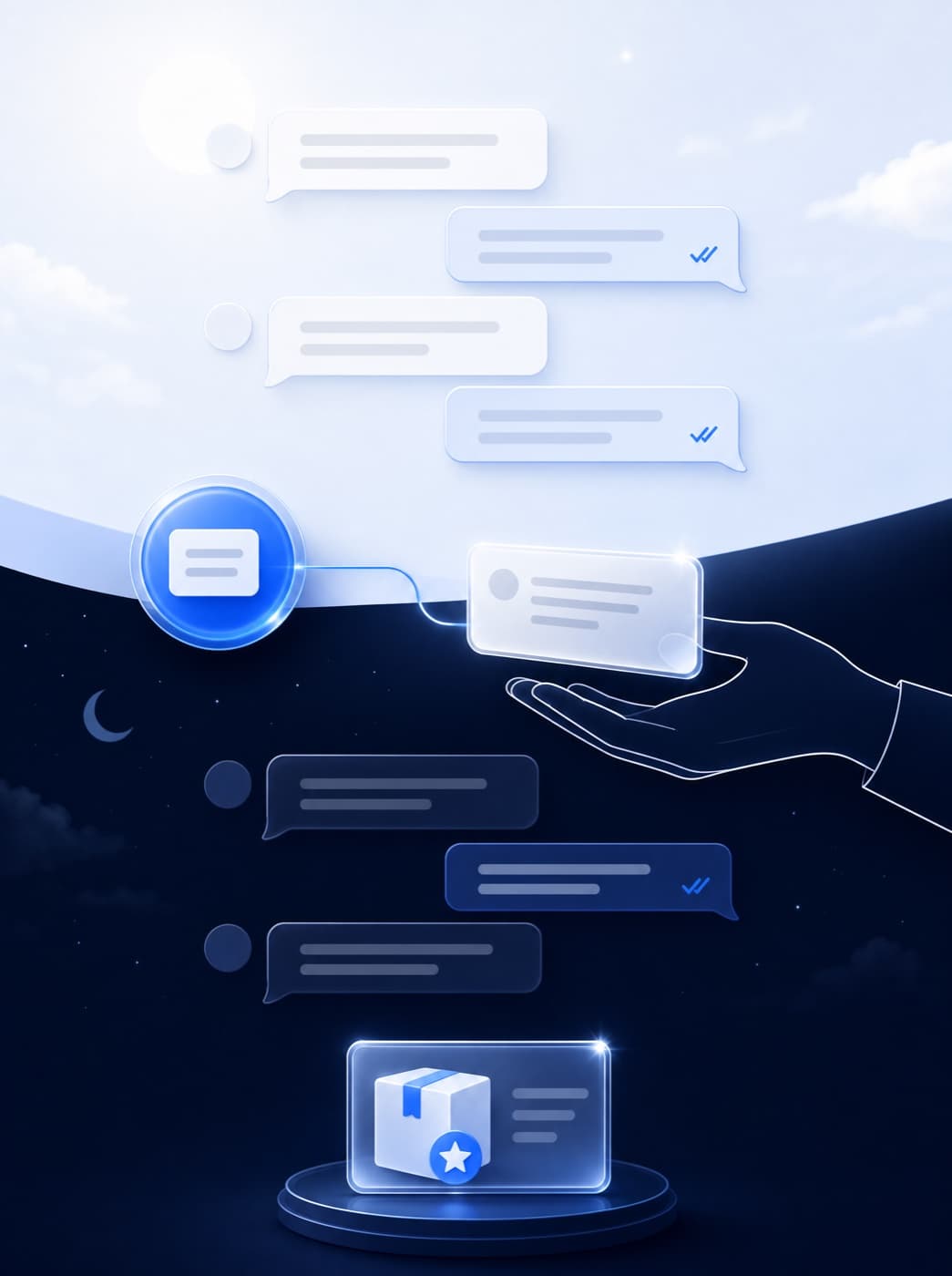 Chat conversations answered by day and by night, with a conversation handed to a human hand