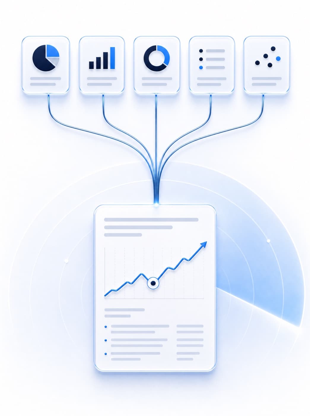 Five app tiles streaming into a single brief with a rising trend line and one flagged anomaly