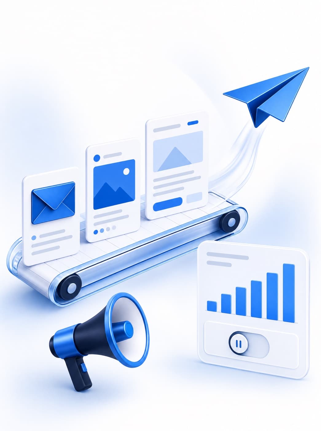 A content production line of emails, posts, and pages, with an ads dashboard showing a paused toggle