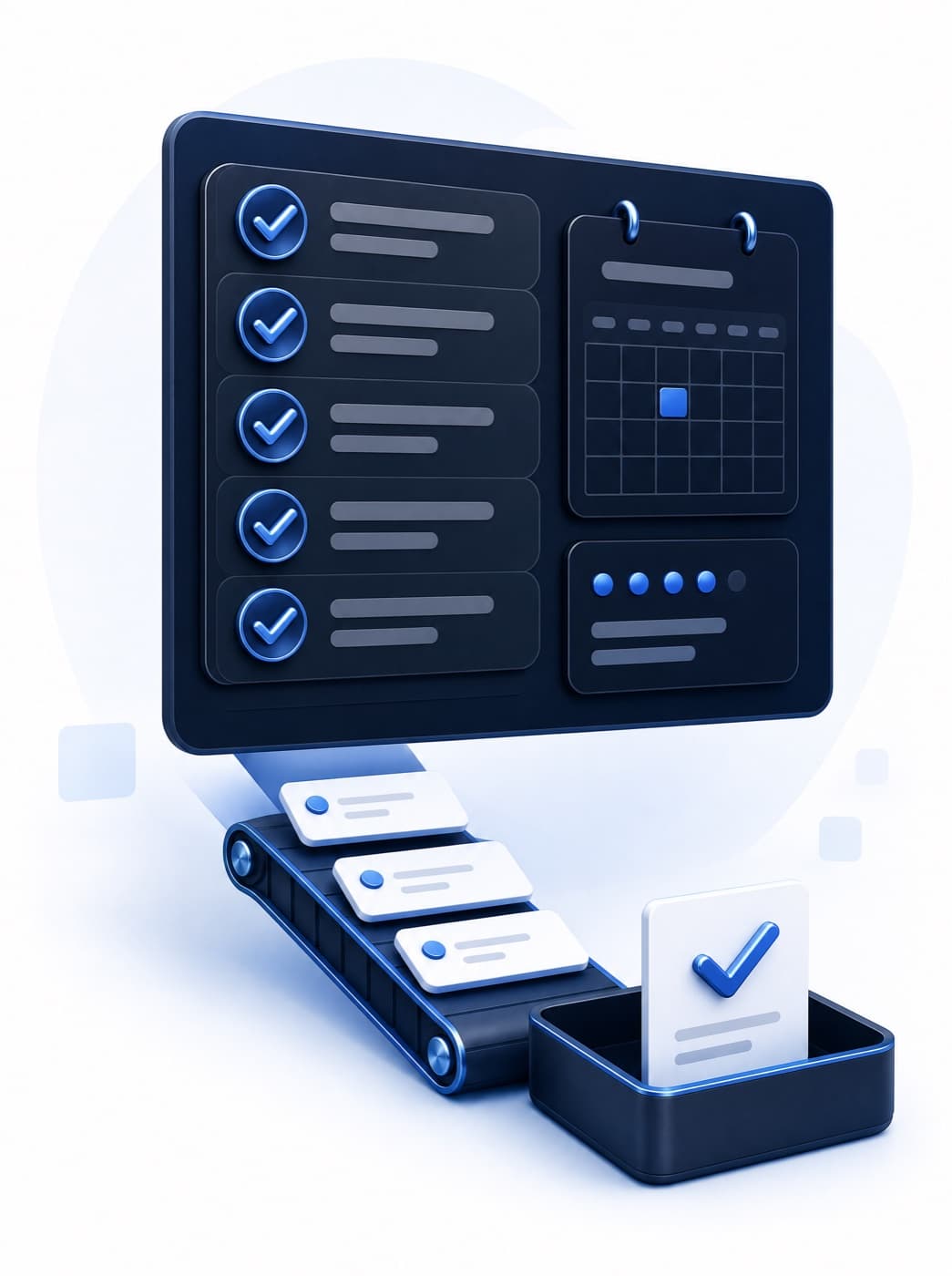 A command board of completed checklists, a calendar, and task cards flowing into a done tray