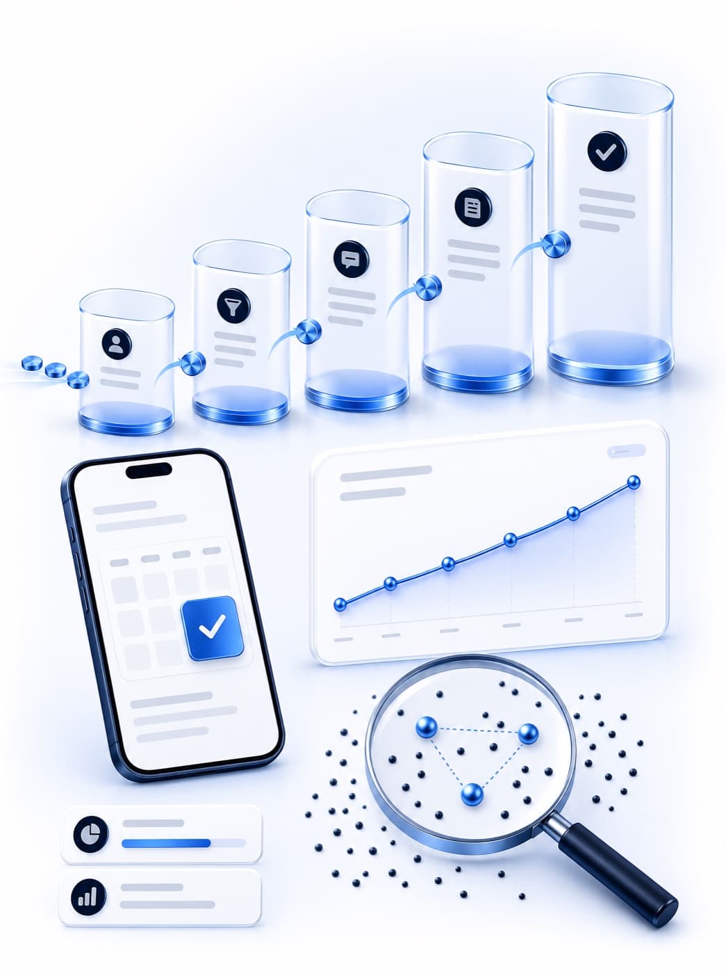 A rising pipeline of stages, a booked calendar on a phone, a climbing KPI line, and a magnifying glass revealing a pattern in data