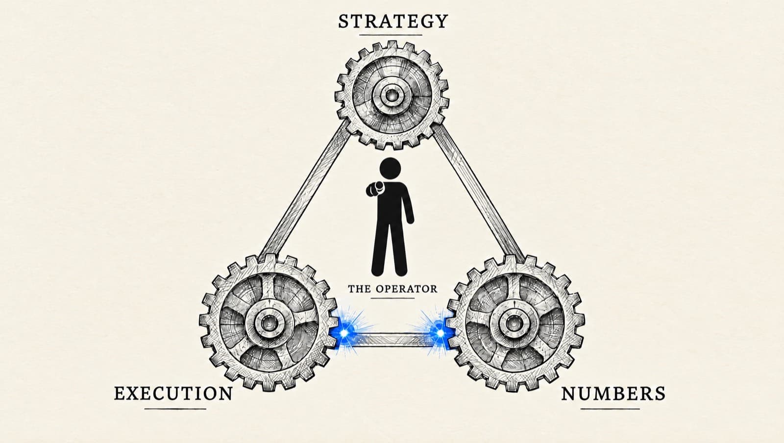 A pen-and-ink triangle of three meshing gears labeled strategy, execution and numbers, with a silhouette labeled the operator standing in the middle, directing