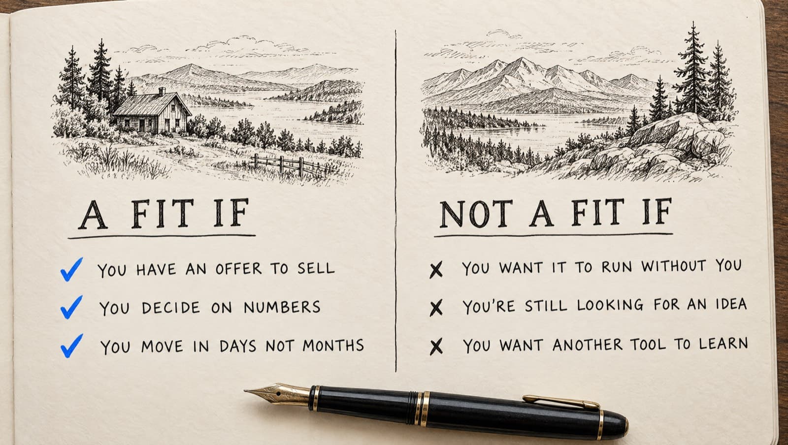 A pen-and-ink notebook page with two columns: a fit if you have an offer to sell, you decide on numbers and you move in days not months, with blue check marks; not a fit if you want it to run without you, you're still looking for an idea or you want another tool to learn