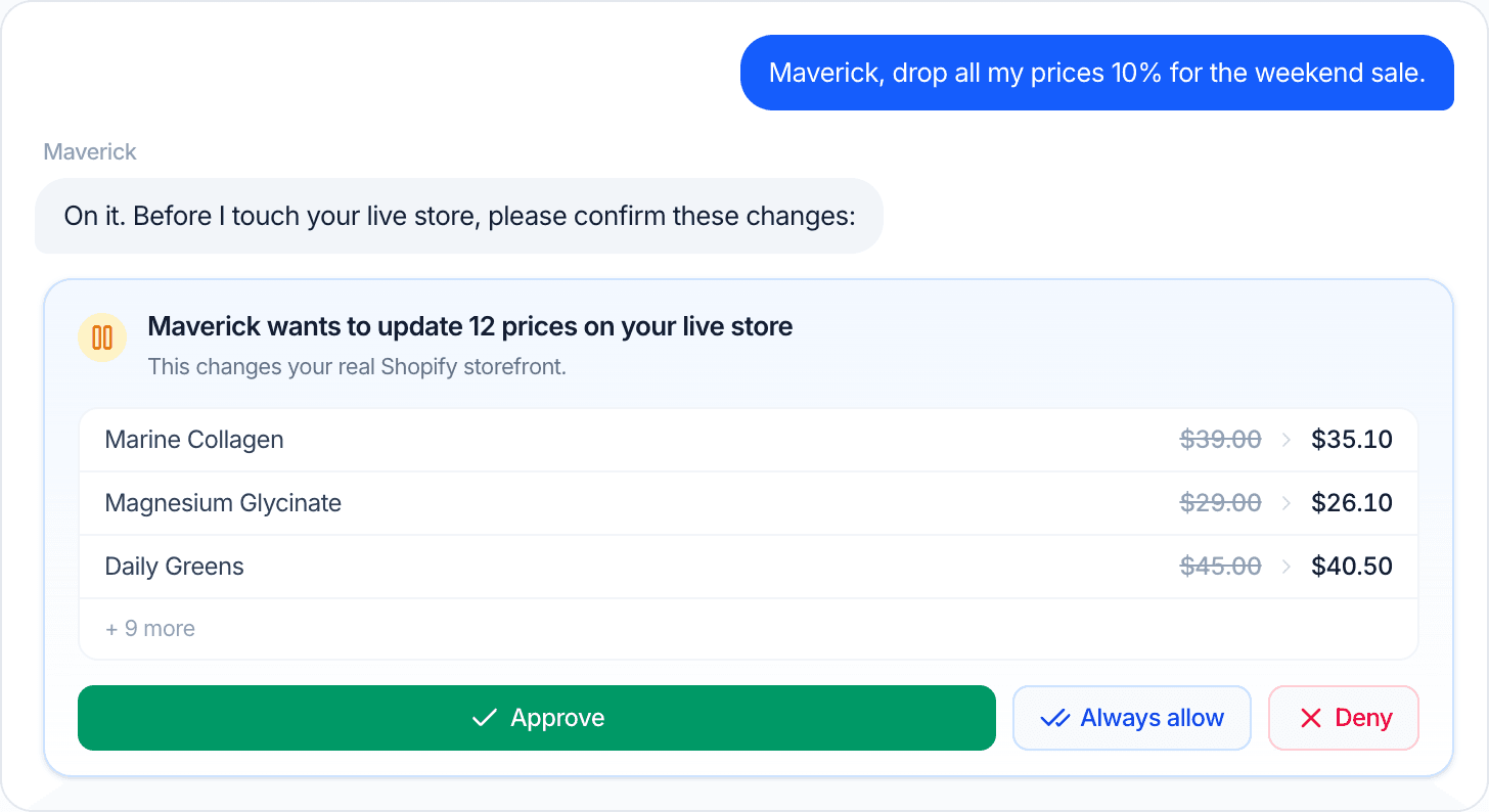 An AI agent asks for approval before changing twelve prices on a live store