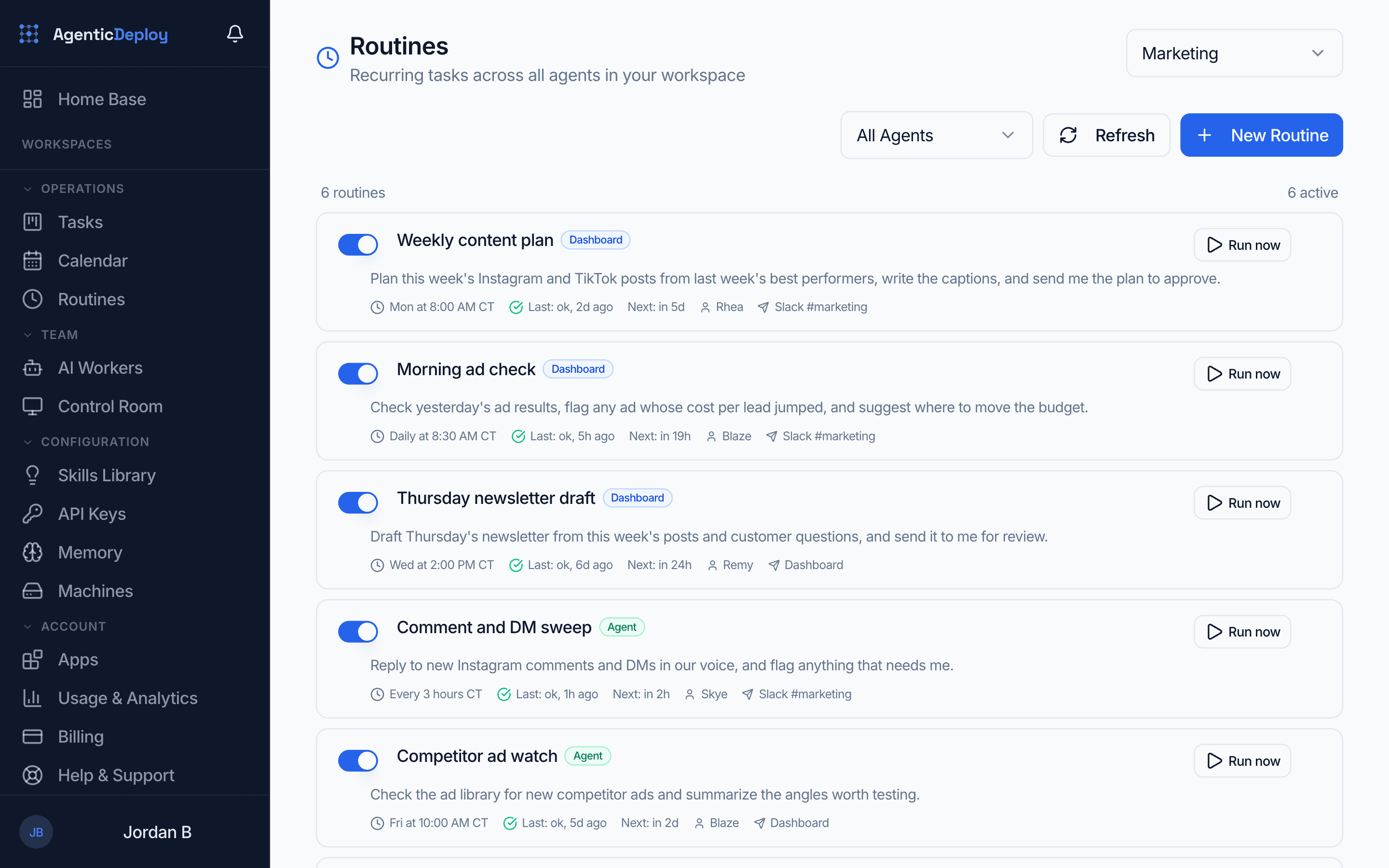 The Routines page for a Marketing department: six recurring jobs with their schedules, last results, next runs, owners and where each result is delivered, two of them set up by the agents themselves