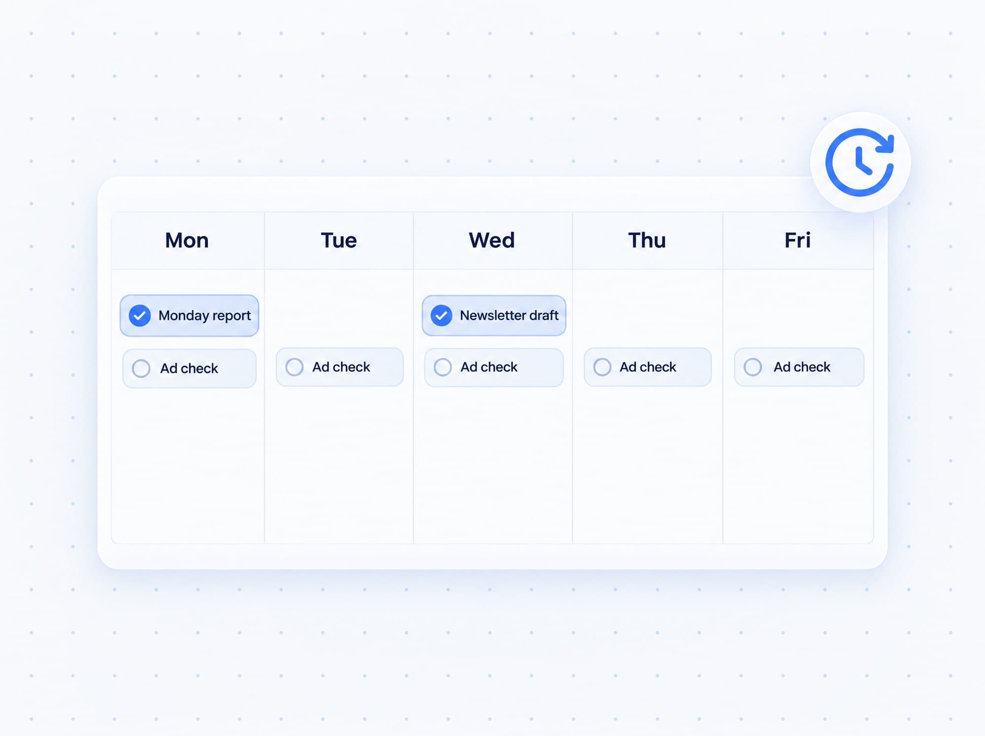 A weekly calendar with recurring work: a Monday report, a newsletter draft on Wednesday and a daily ad check