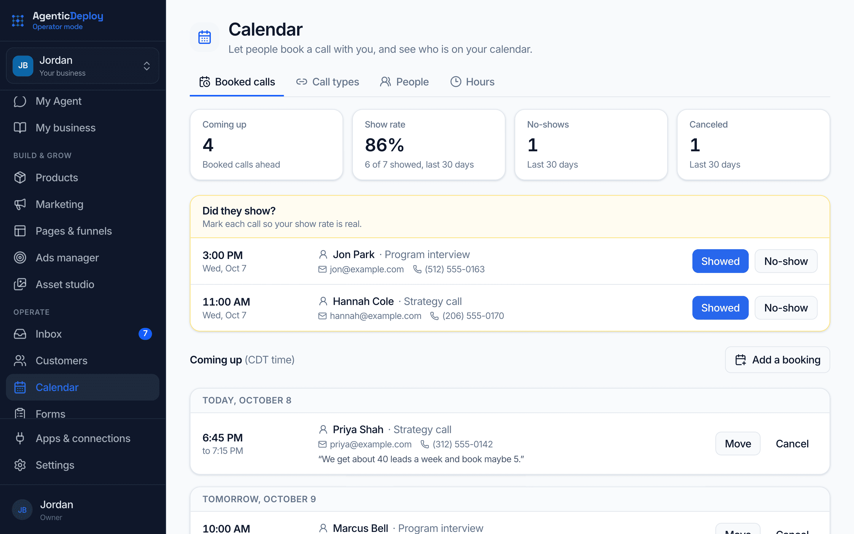Operator Mode's Calendar: booked calls ahead, show rate, no-shows and cancellations, with each finished call marked Showed or No-show