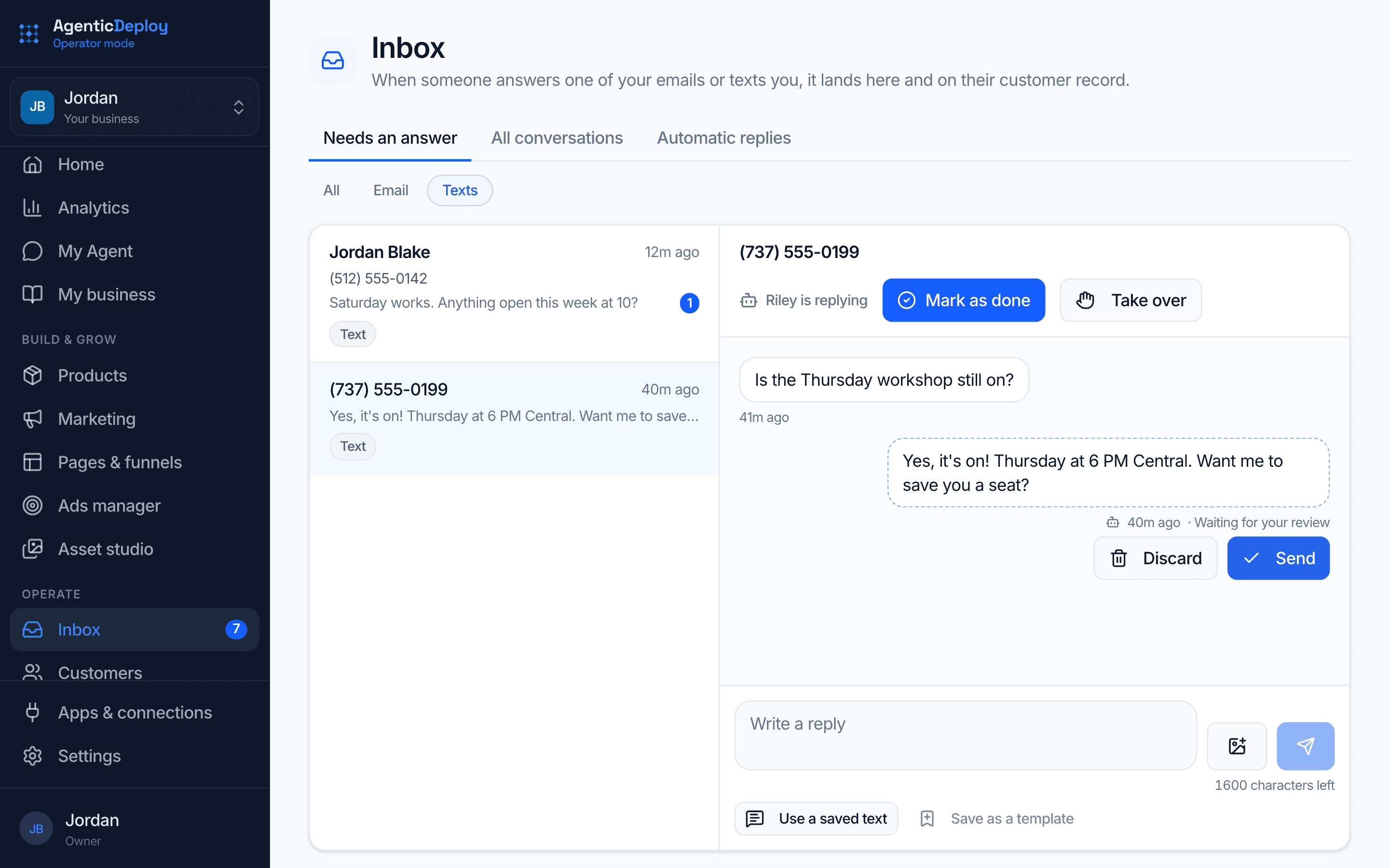 Operator Mode's Inbox filtered to texts: a lead asks if Thursday's workshop is still on, and the assistant's reply waits for the owner to press Send