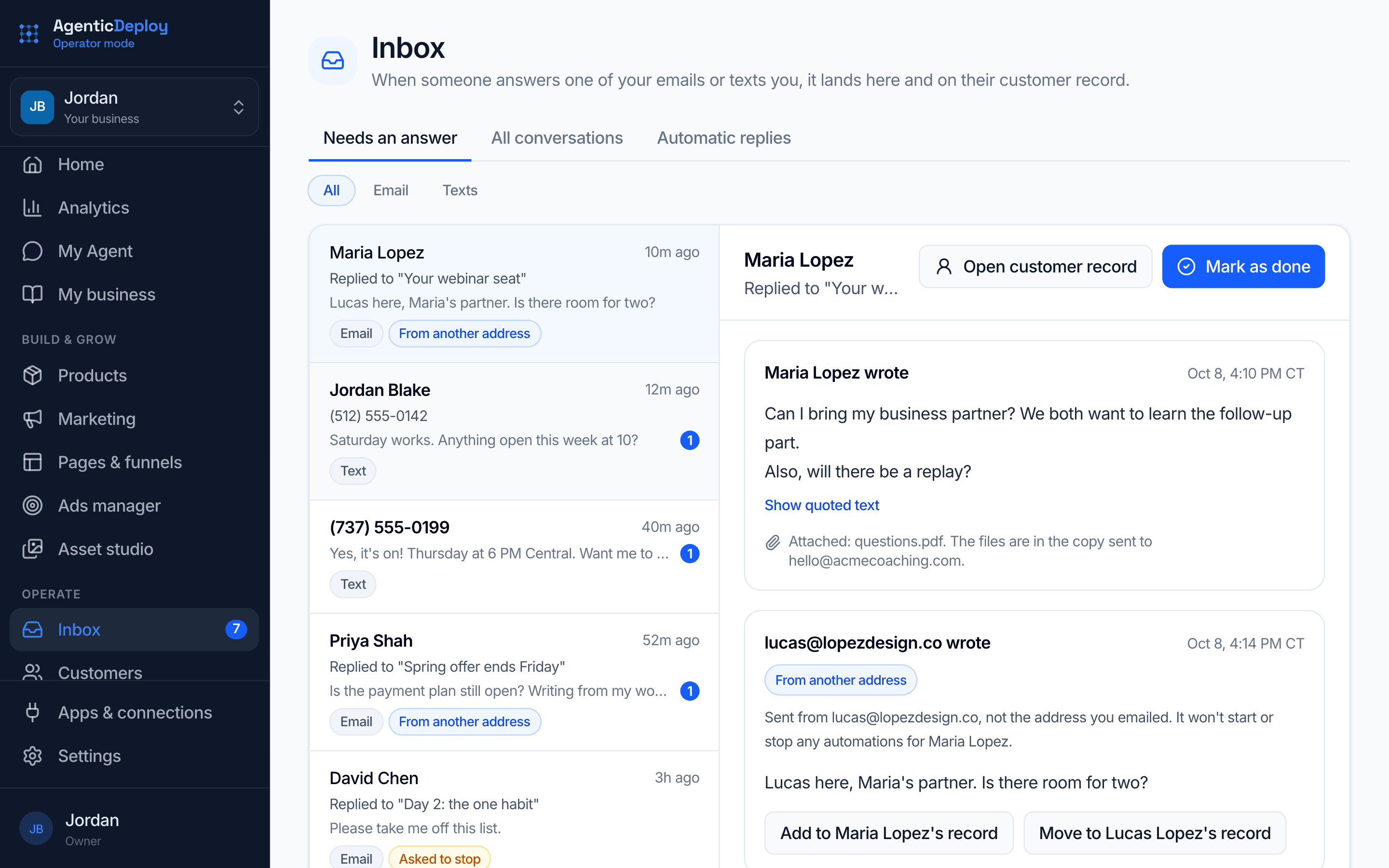 Operator Mode's Inbox: email replies and texts from leads in one list, with a reply open that came from a second address and buttons to file it on the right customer record