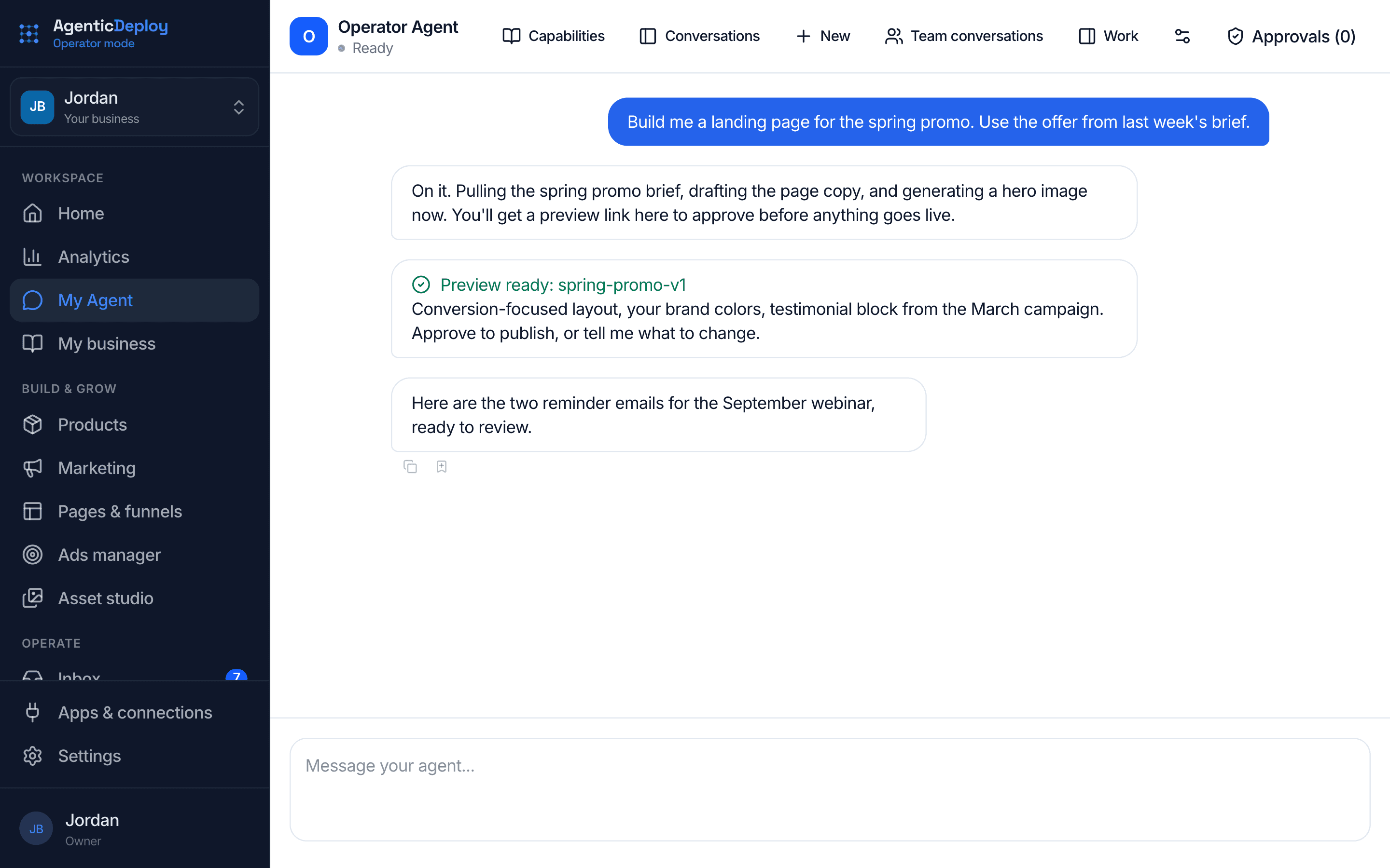 Operator Mode's My Agent screen: the owner asks for a landing page and the agent replies with a preview to approve