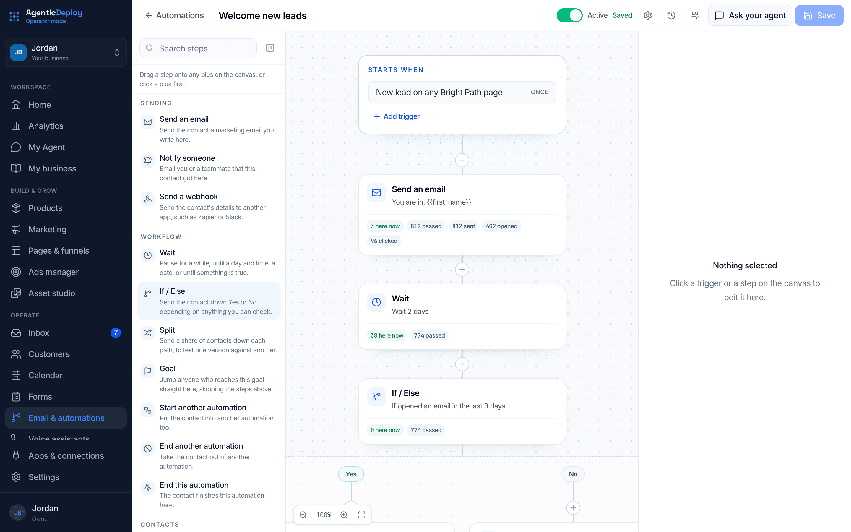 Operator Mode's automation builder: a welcome sequence that starts when a new lead arrives, sends an email, waits two days and branches on opens