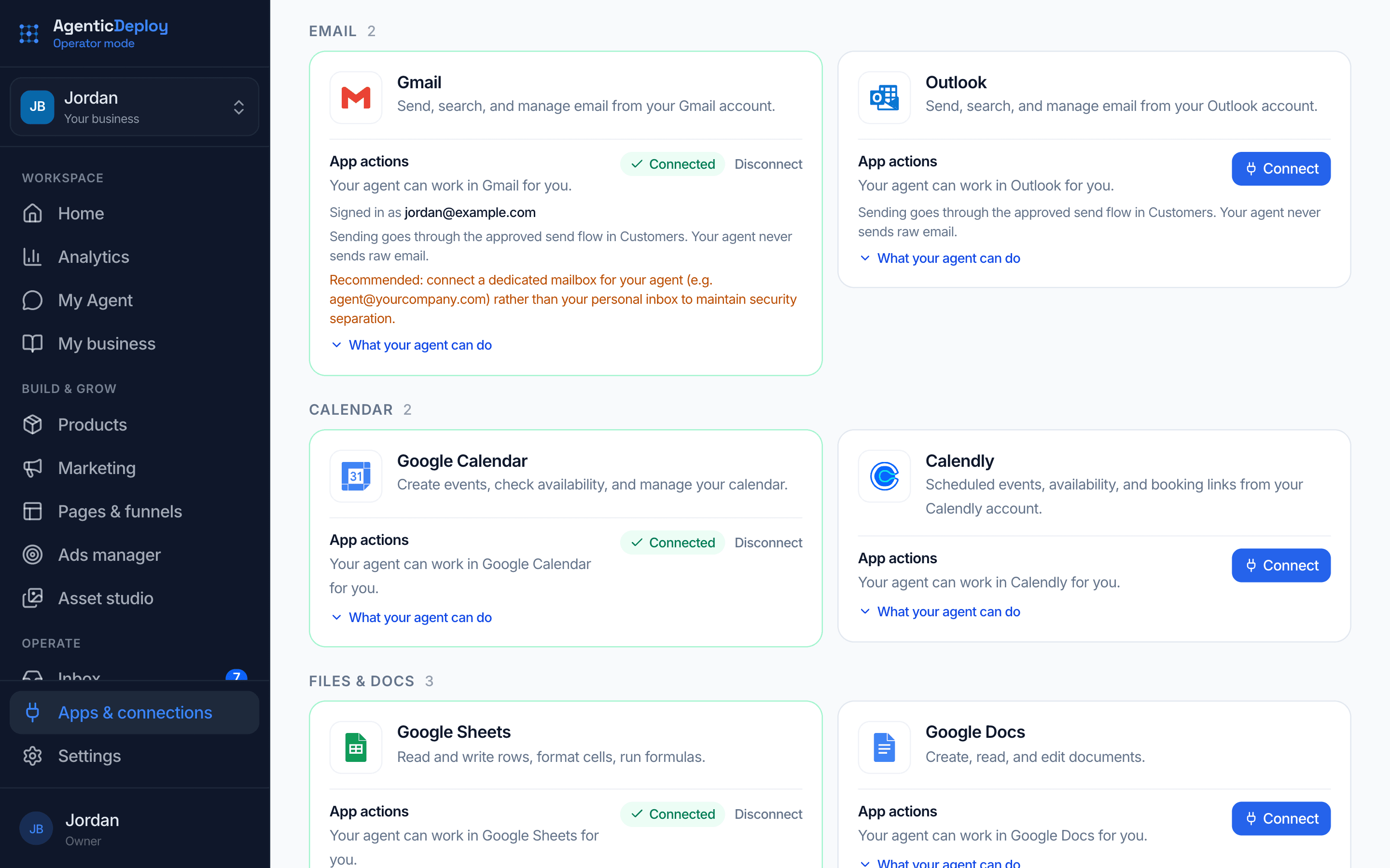 Operator Mode's Apps and connections: email, calendar and document apps, with Gmail and Google Calendar connected