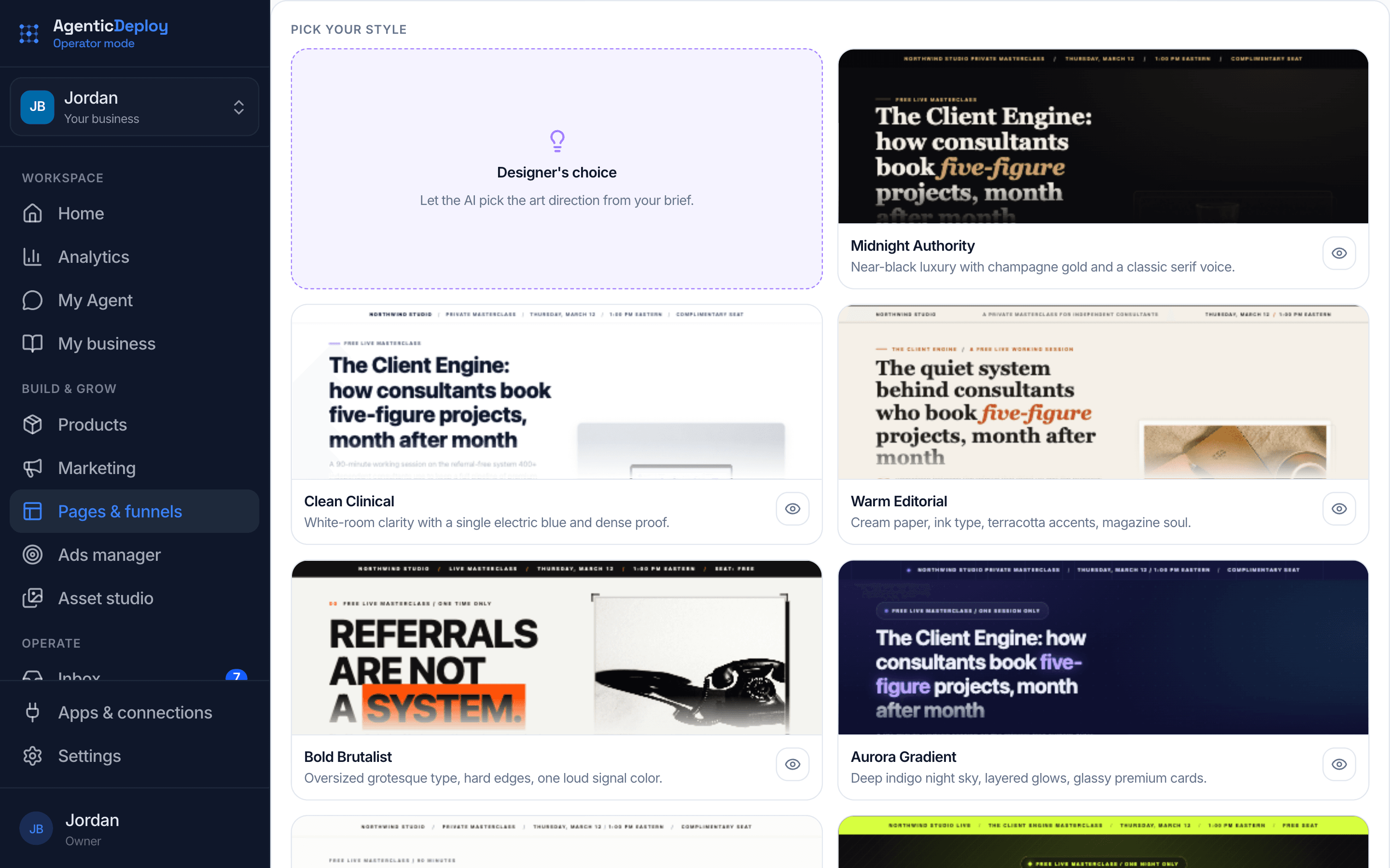 Operator Mode's page builder: Designer's choice beside page styles such as Midnight Authority, Clean Clinical, Warm Editorial, Bold Brutalist and Aurora Gradient