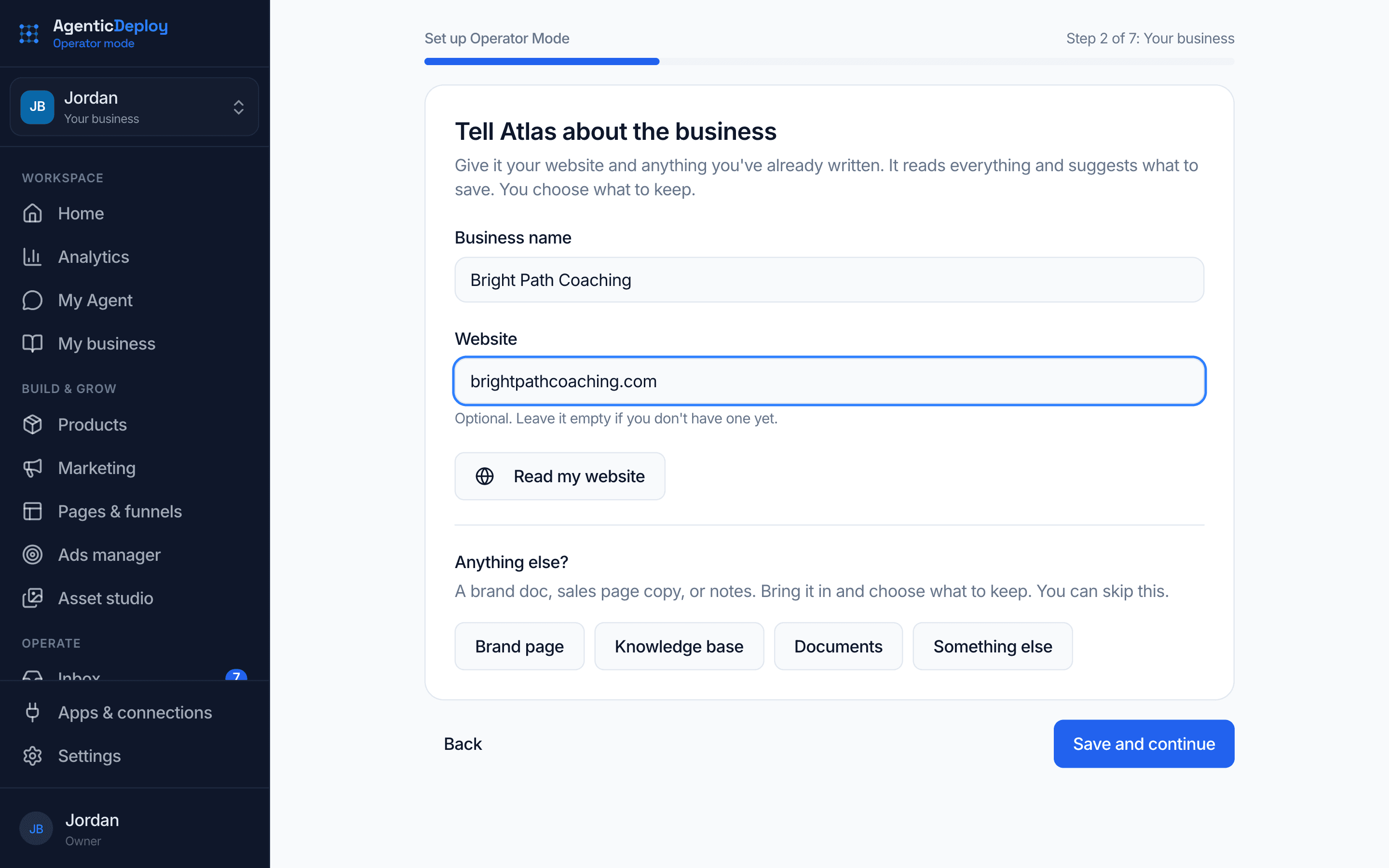 Operator Mode's setup, step two: telling the agent about the business, with the business name and website filled in and options to bring in brand pages, knowledge bases and documents