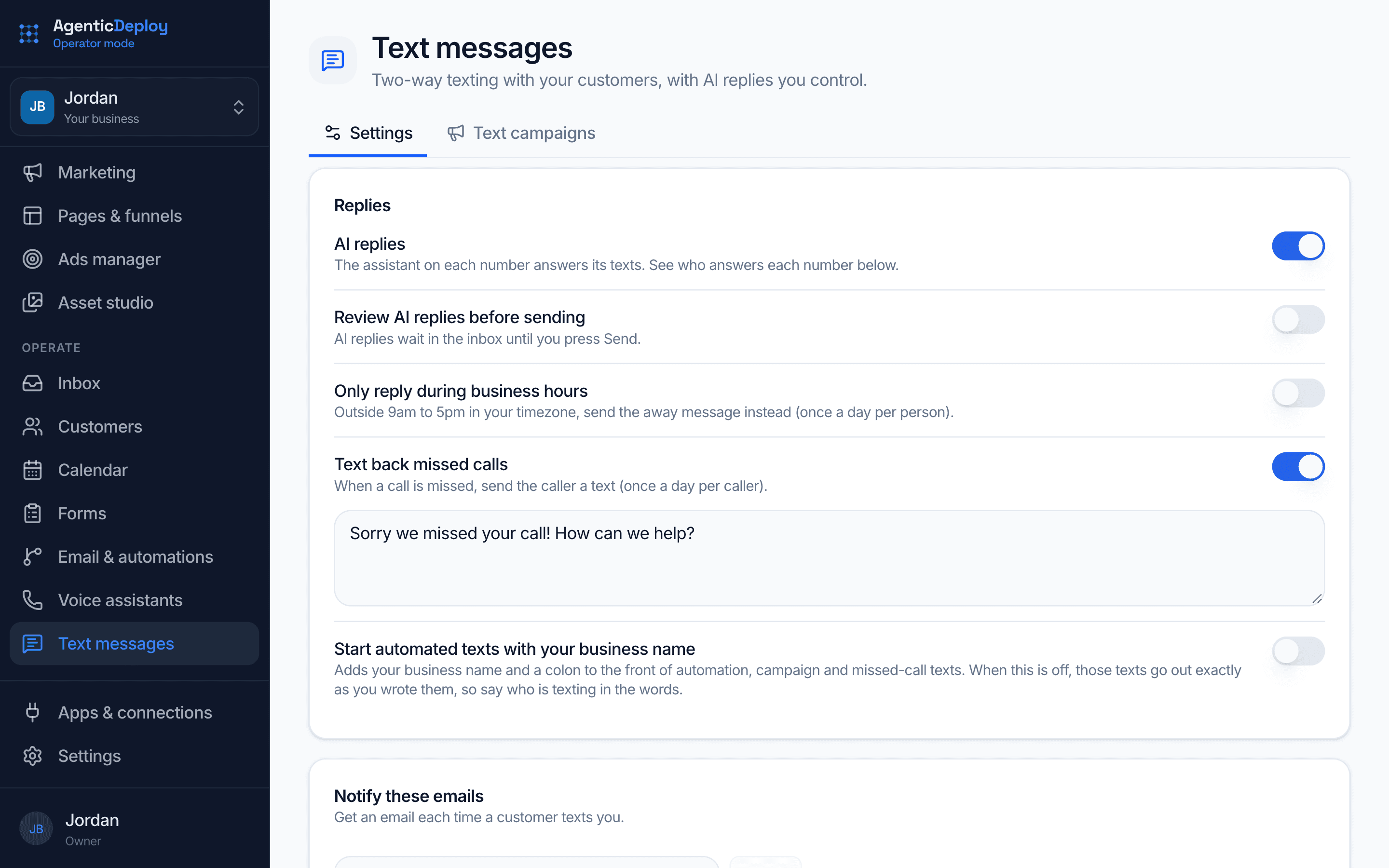Operator Mode's Text messages settings: AI replies on, an option to review AI replies before they send, business hours, and a text back for missed calls