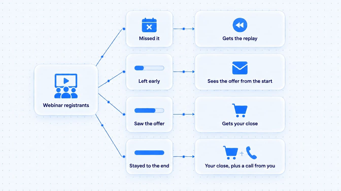 Webinar registrants split four ways: missed it gets the replay, left early sees the offer from the start, saw the offer gets your close, and stayed to the end gets your close plus a call from you